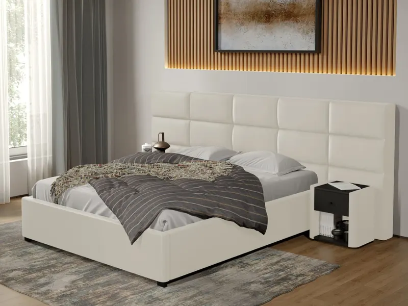 Pat tapitat Cico fix 287 x 114 C2 din piele/stofa Alb - Nube 1 160x200