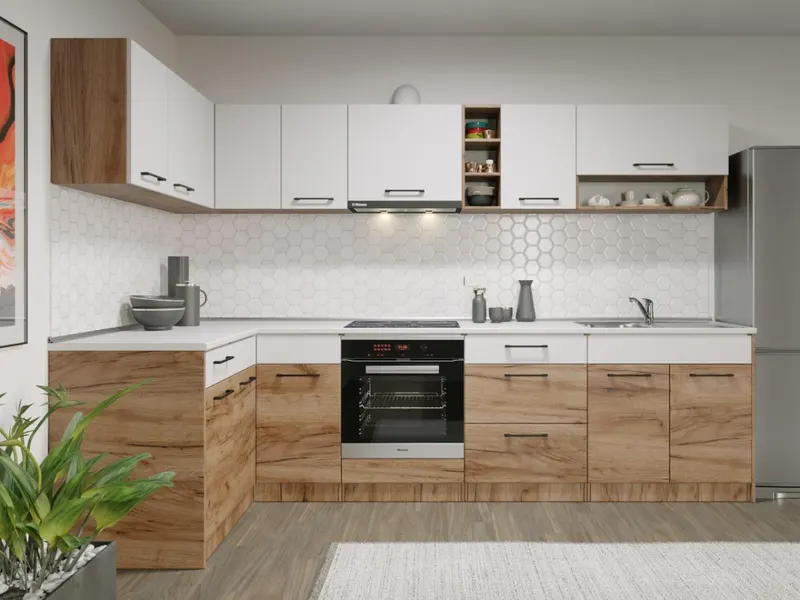 Set Mobila Bucatarie Colt Gastro 140*300 Alb/Stejar - C29 — imaginea 3