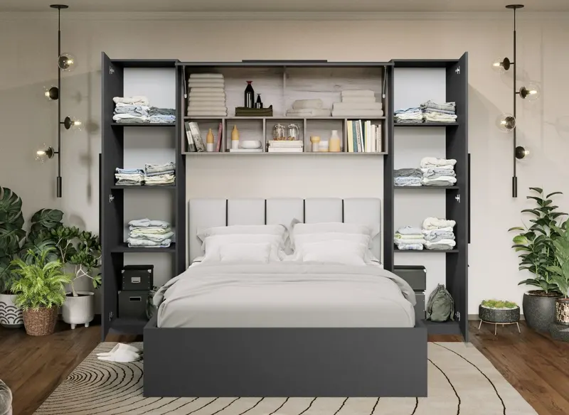 Set Mobila Dormitor Noce 2.56m cu pat tapitat Alb incadrat — imaginea 3