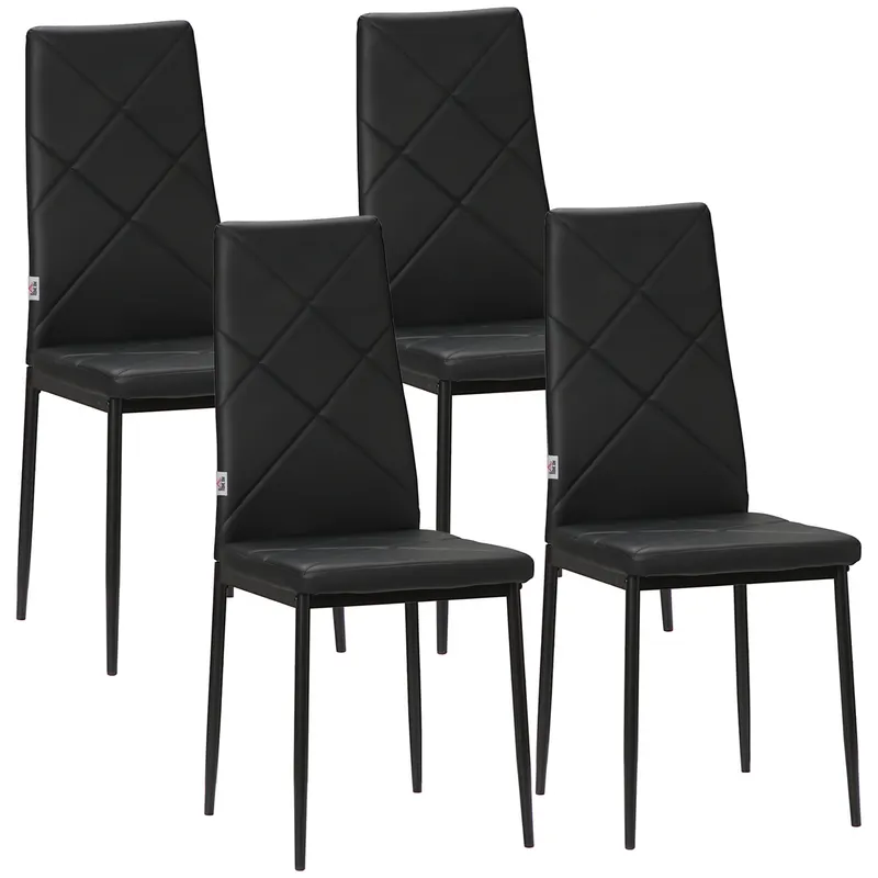 HOMCOM Set de 4 Scaune de Sufragerie cu Spătar Înalt, Scaune Moderne din Piele Artificială și Oțel, 41x50x98 cm, Negru