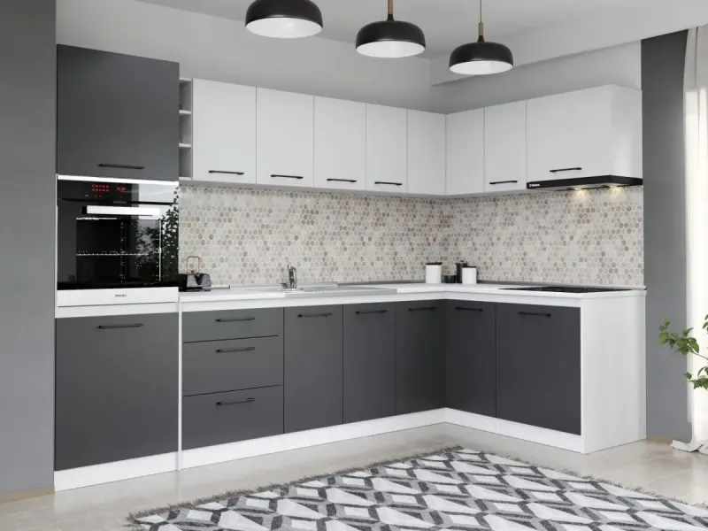 Set Mobila Bucatarie Colt Mina Dual 300*160 Gri Antracit/Alb C196
