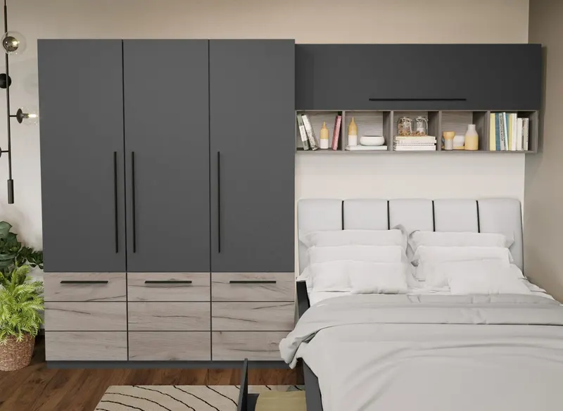 Set Mobila Dormitor Noce 3.05m cu pat tapitat Alb incadrat — imaginea 2