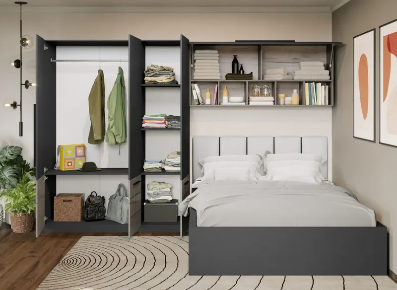 Set Mobila Dormitor Noce 3.05m cu pat tapitat Alb incadrat — imaginea 3