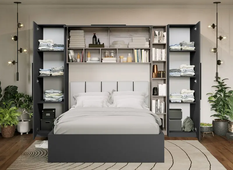 Set Mobila Dormitor Noce 2.84m cu pat tapitat Alb incadrat — imaginea 3