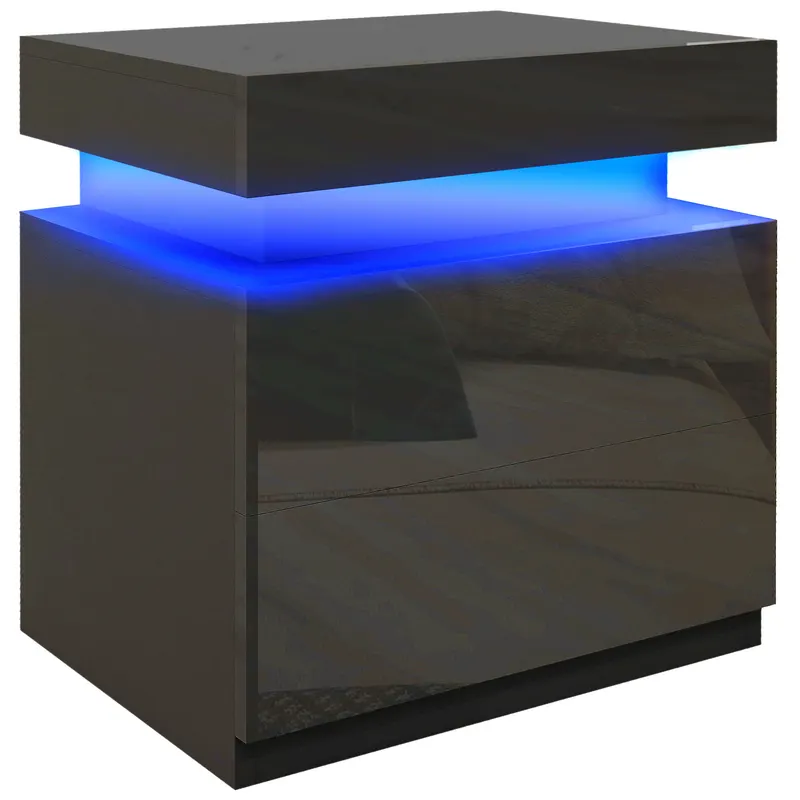 HOMCOM Masă de noapte neagră cu lumină LED, Front lucios cu 2 sertare, pentru Sufragerie, Dormitor