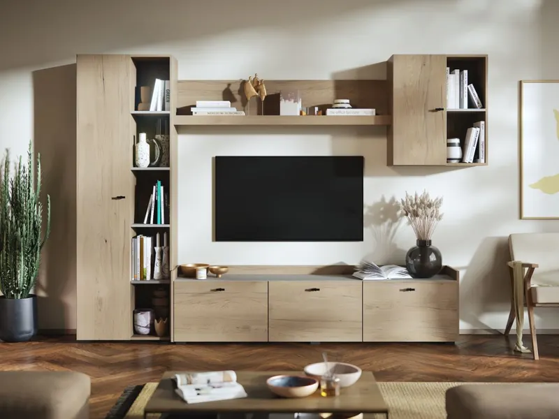 Living Silensia C4 - Mobila sufragerie aspect lemn / bej