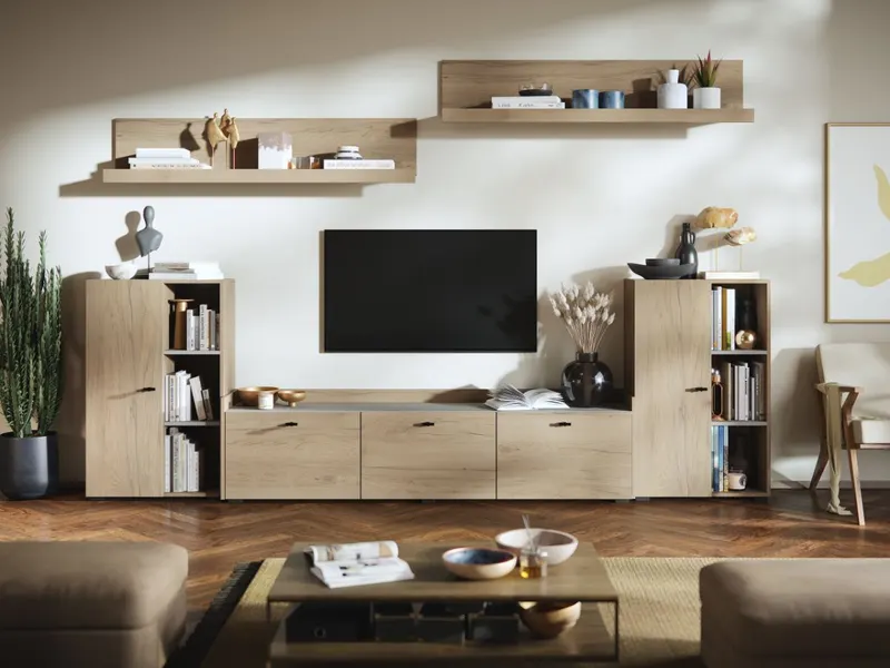 Living Silensia C3 - Mobila sufragerie aspect lemn / bej
