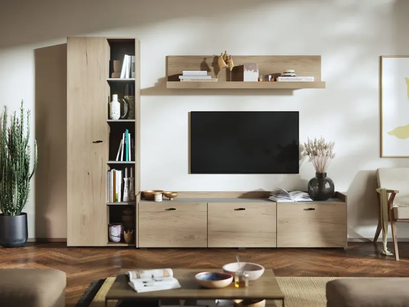 Living Silensia C2 - Mobila sufragerie aspect lemn / bej