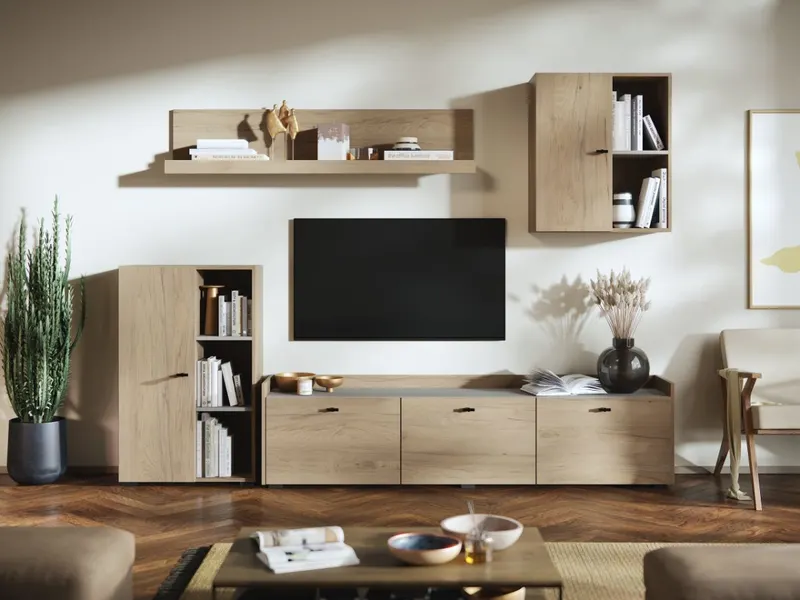 Living Silensia C1 - Mobila sufragerie aspect lemn / bej