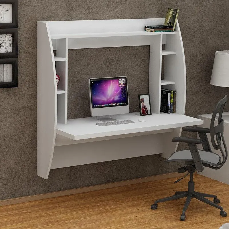 Birou Buglem Elegant cu biblioteca, Alb, 124x120x55 cm - Alb