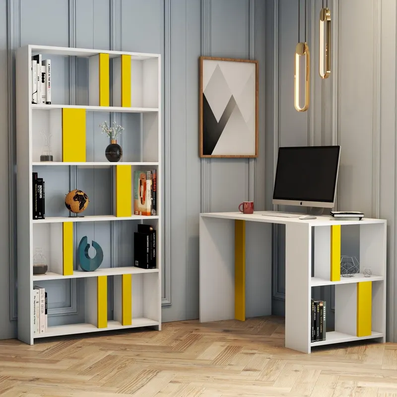 Set De Mobilier De Birou Elegant Sevda, Alb - Galben, 2 piese, 120x60x75.4 cm - Alb