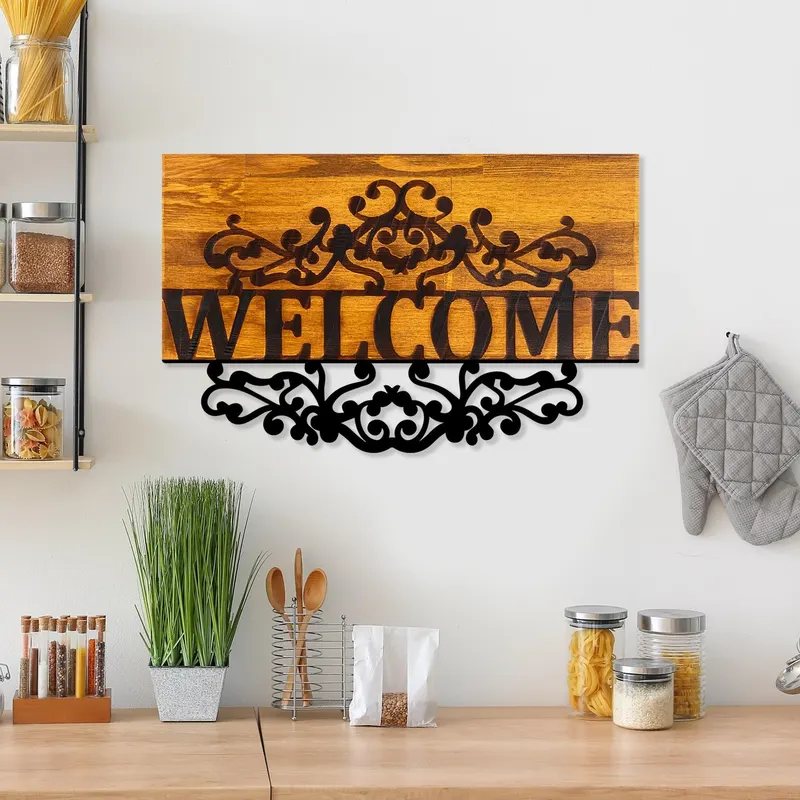 Decoratiune de perete lemn Welcome, Nuc, 58x36 cm - Nuc