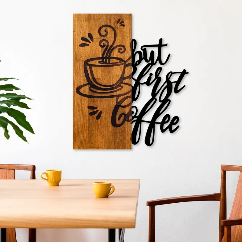 Decoratiune de perete lemn Coffee First, Nuc, 50x58 cm - Nuc