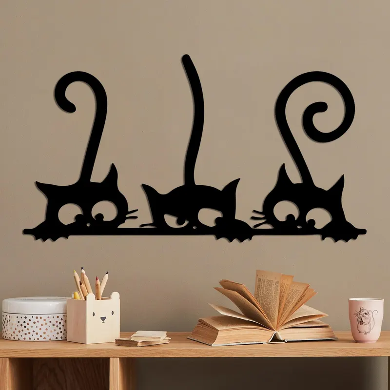 Decoratiune de perete Metal Cat 5, Negru, 60x33 cm - Negru