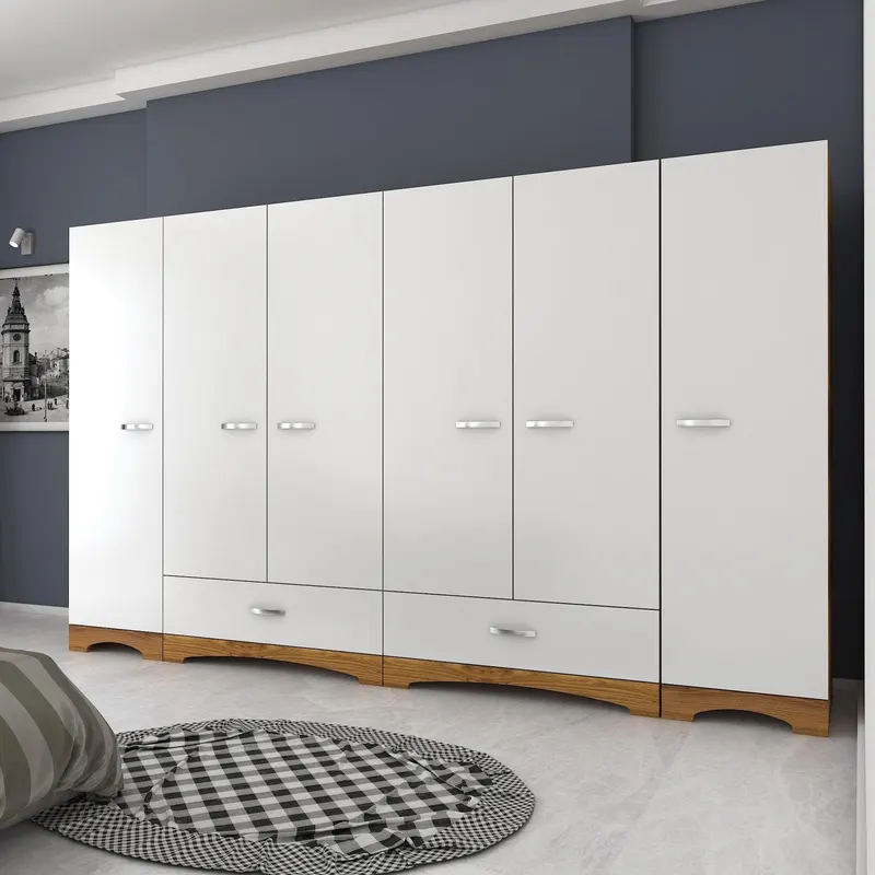 Dulap Haine Dormitor Ema 6 usi si 2 sertare, Alb - Nuc Alb, 243x181x48 cm - Nuc Alb
