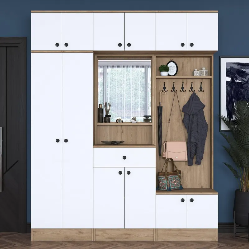 Dulap de hol cu Cuier si Pantofar 12 usi cu oglinda, Nuc, 180x226x38 cm - Nuc