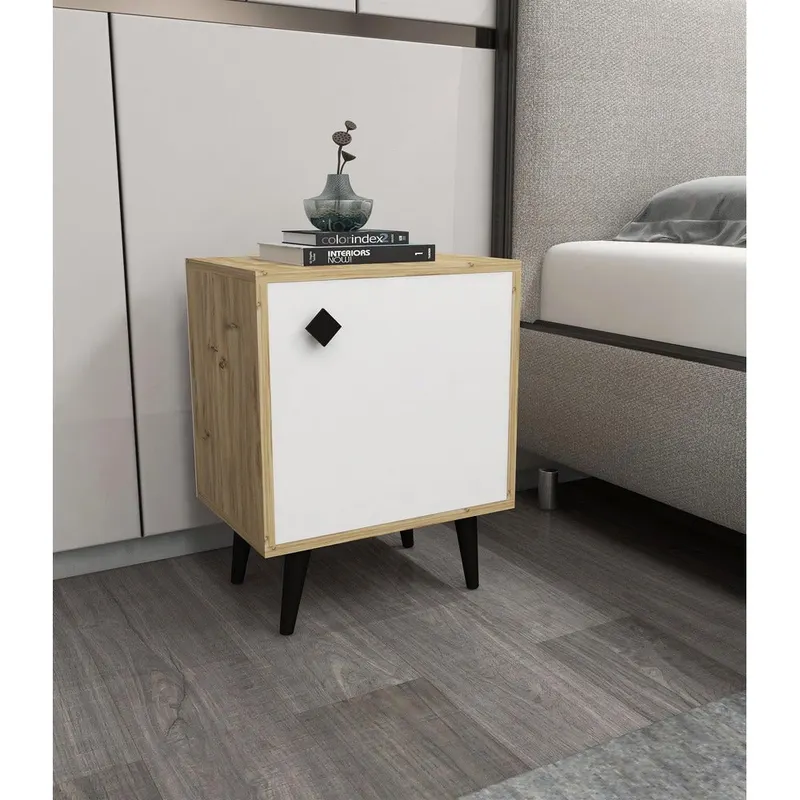 Noptiera Hastikoz cu usa, Alb - Stejar - Lemn, Natural, 45x65x35 cm - Stejar Alb