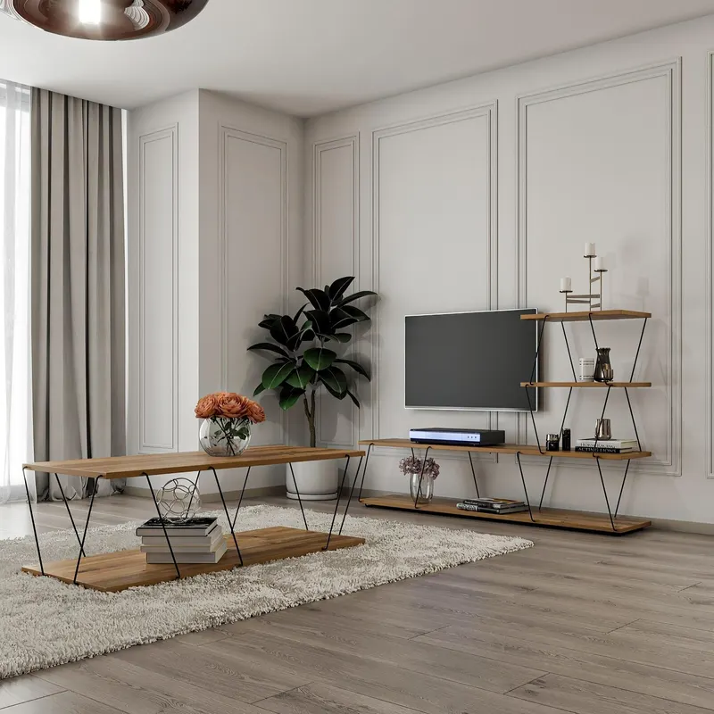 Set Mobila Sufragerie Basak, Alb - Stejar - Gri, 150x93x30 cm, 120x30x50 cm - Stejar