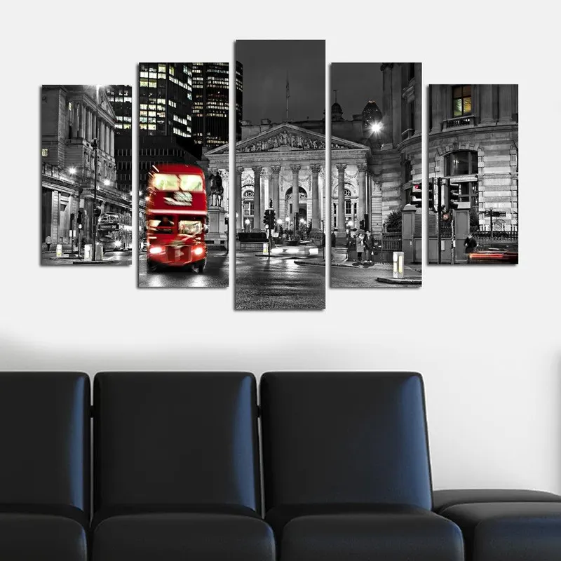 Tablou MDF ( 5 buc ) London Autobuz Rosu, Multicolor, 60x110 cm - Multicolor