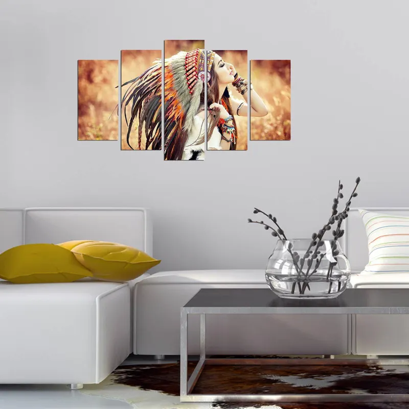 Tablou MDF ( 5 buc ) Amerindieni Frumoasa, Multicolor, 60x110 cm - Multicolor