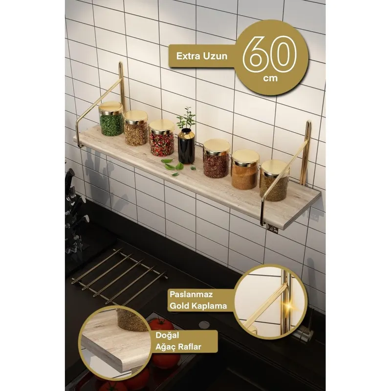 Raft de perete Wall Shelf 60, Aur, 15x15x60 cm - Auriu