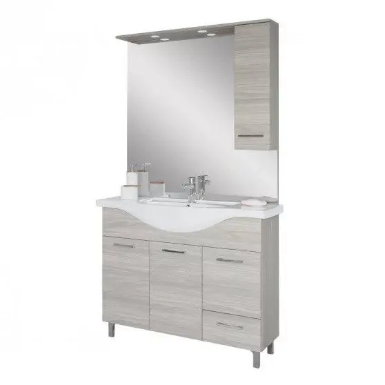 Baza cu 3 usi, 1 sertar, lavoar ceramic cm. 105 si oglinda cu dulapior, rovere grigio