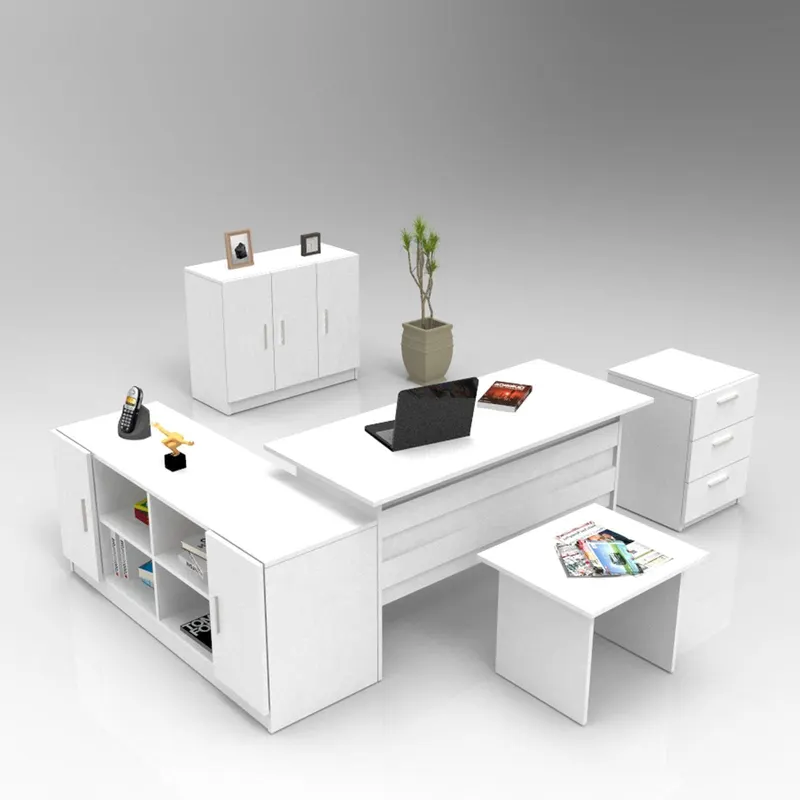 Set mobilier de birou Linta XL, 5 piese, Birou - Biblioteca - Consola - Masa - Rollbox, 140x60x74 cm - Alb