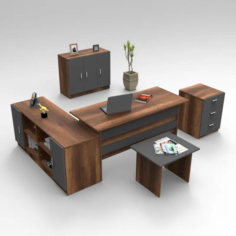 Set mobilier de birou Linta XL, 5 piese, Birou - Biblioteca - Consola - Masa - Rollbox, 140x60x74 cm - Maro
