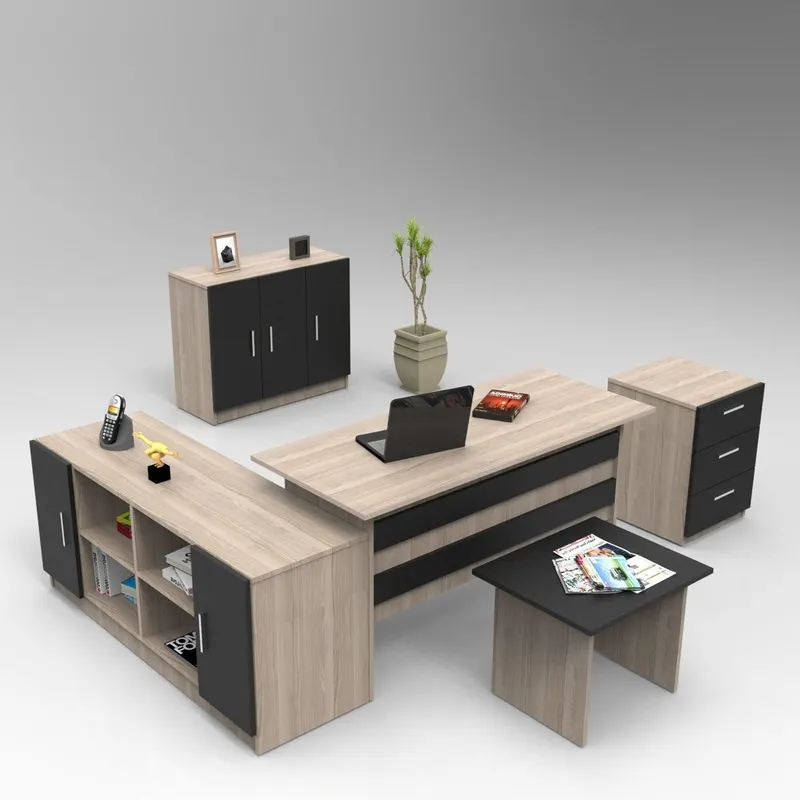 Set mobilier de birou Linta XL, 5 piese, Birou - Biblioteca - Consola - Masa - Rollbox, 140x60x74 cm - Bej