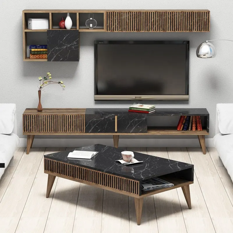 Set Mobila Sufragerie Milan - Walnut, Black, Nuc, 180x40x35 cm - Nuc