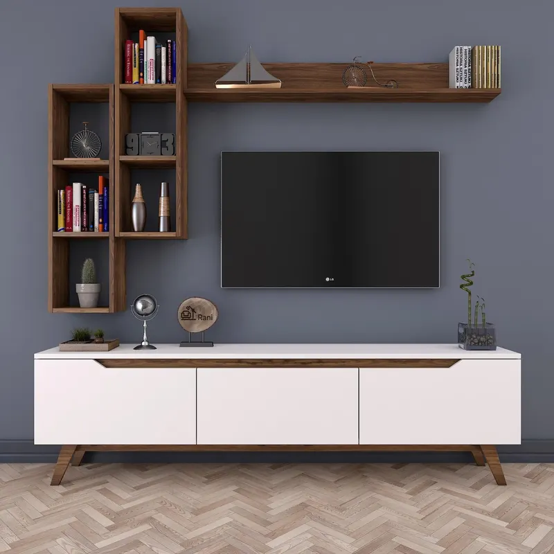 Comoda tv Hirvat cu biblioteca elegant, Alb - Nuc, 180x49x35 cm - Alb