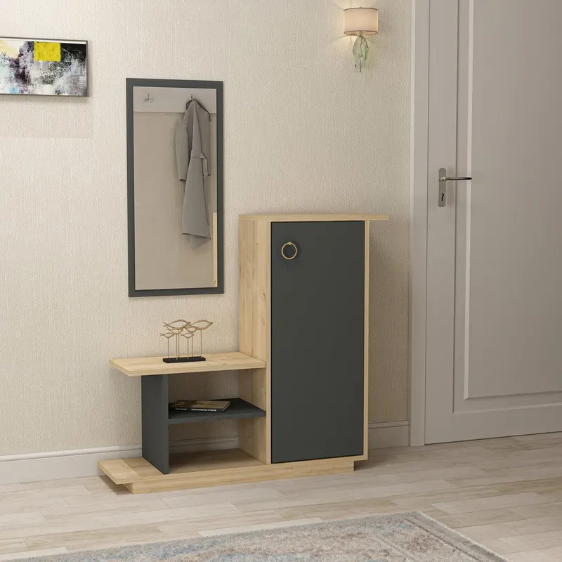 Cuier cu pantofar Asya cu Oglinda, Stejar, 80x90x30 cm - Stejar