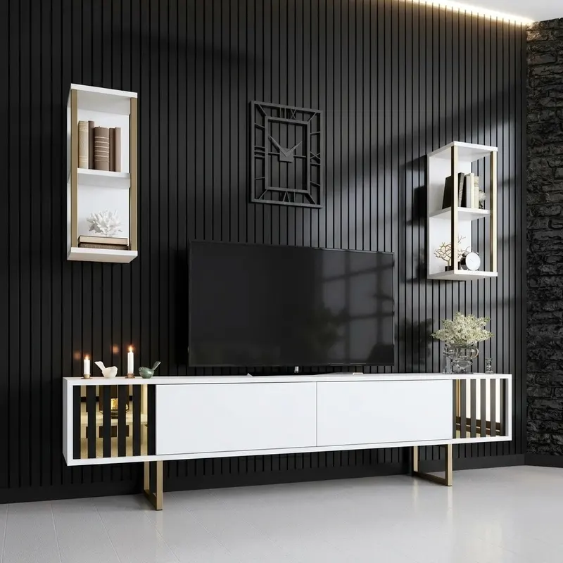 Comoda Tv Lux Gold Line Tv Stand Stylish, Alb - Nuc - Gri, 180x30x18 cm - Alb