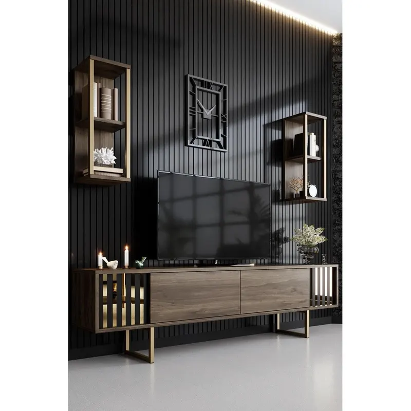 Comoda Tv Lux Gold Line Tv Stand Stylish, Alb - Nuc - Gri, 180x30x18 cm - Maro