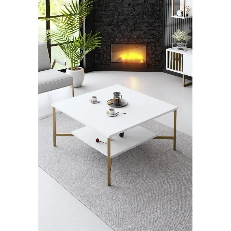 Masuta Cafea, PAL Melaminat / Metal, Gold Line, Negru / Auriu, 80x80x40 cm - Alb