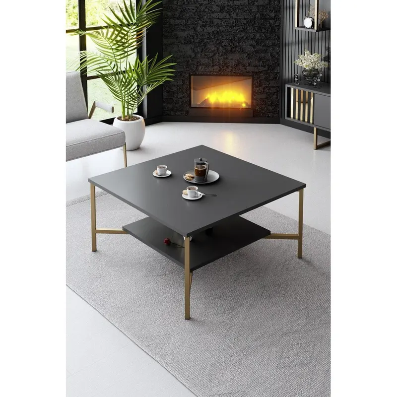 Masuta Cafea, PAL Melaminat / Metal, Gold Line, Negru / Auriu, 80x80x40 cm - Negru