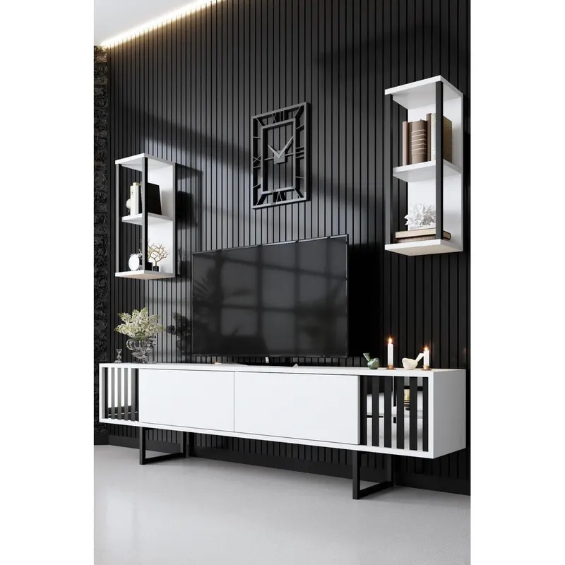 Comoda Tv Chrome Line Tv Stand Stylish, Gri, 180x30x18 cm - Alb