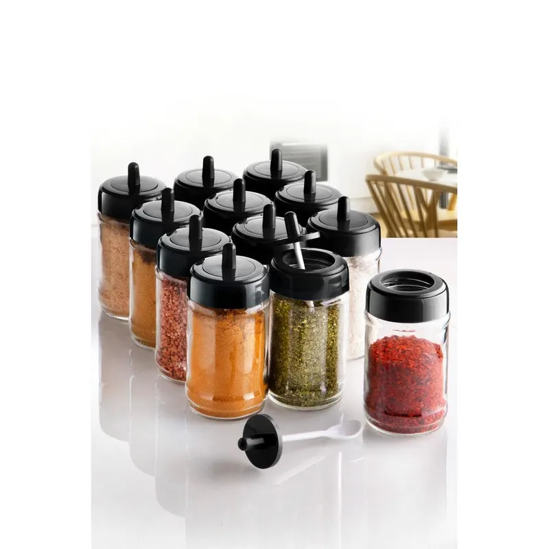 Set recipiente pentru condimente Kosova, Sticla, 300 ml, 12 bucati, Lingura, Transparent, 6.5x6.5x13 cm - Negru