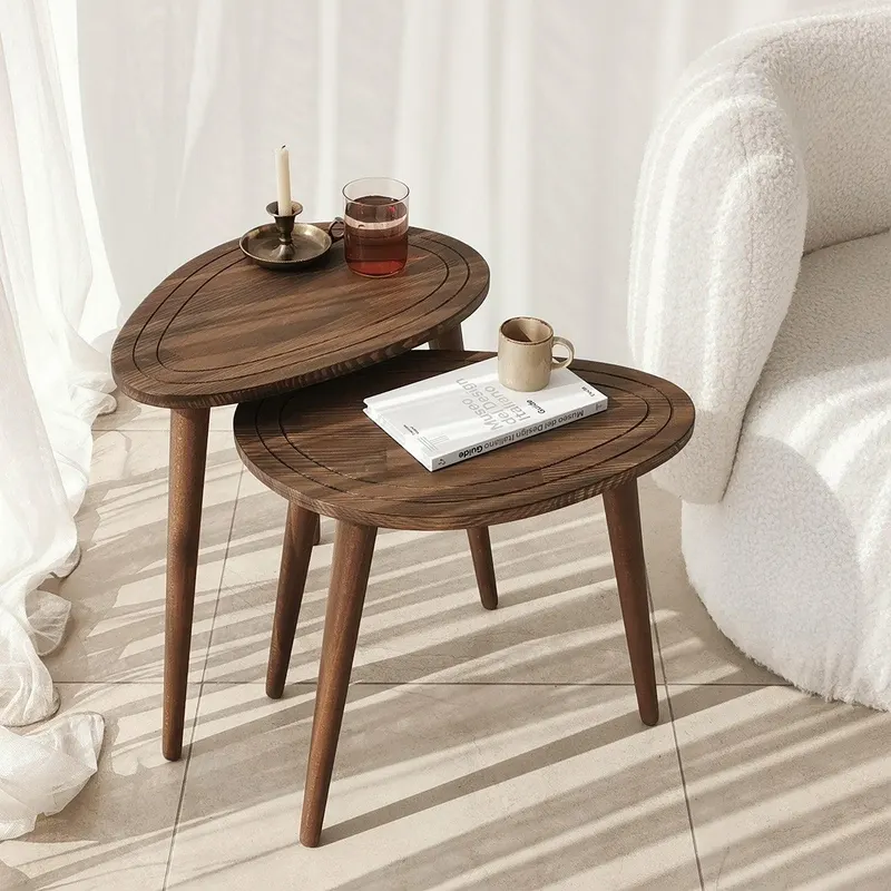 Set Masuta de Cafea, 2 bucati, Lemn Masiv, Gri - Nuc, 50x48x33 cm - Nuc