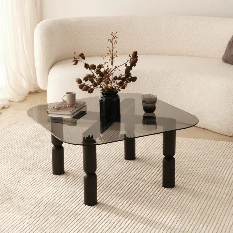 Masuta de cafea Kei Lemn Solid cu Sticla Securizata, 80x40x80 cm - Gri inchis