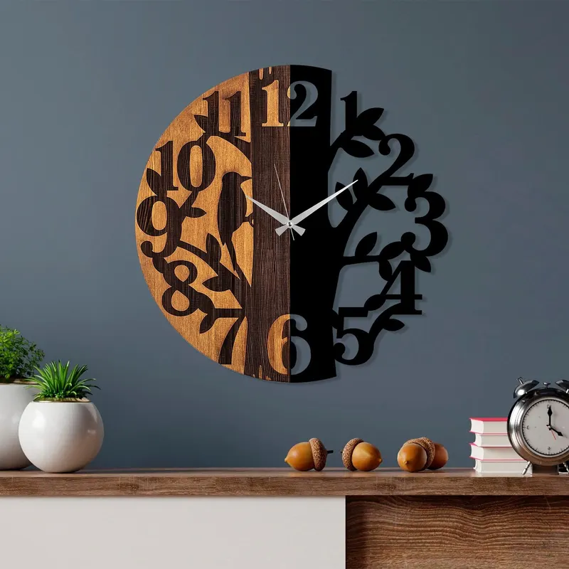Ceas de perete decorativ din lemn Wooden Clock - 71, Nuc, 56x56 cm - Nuc