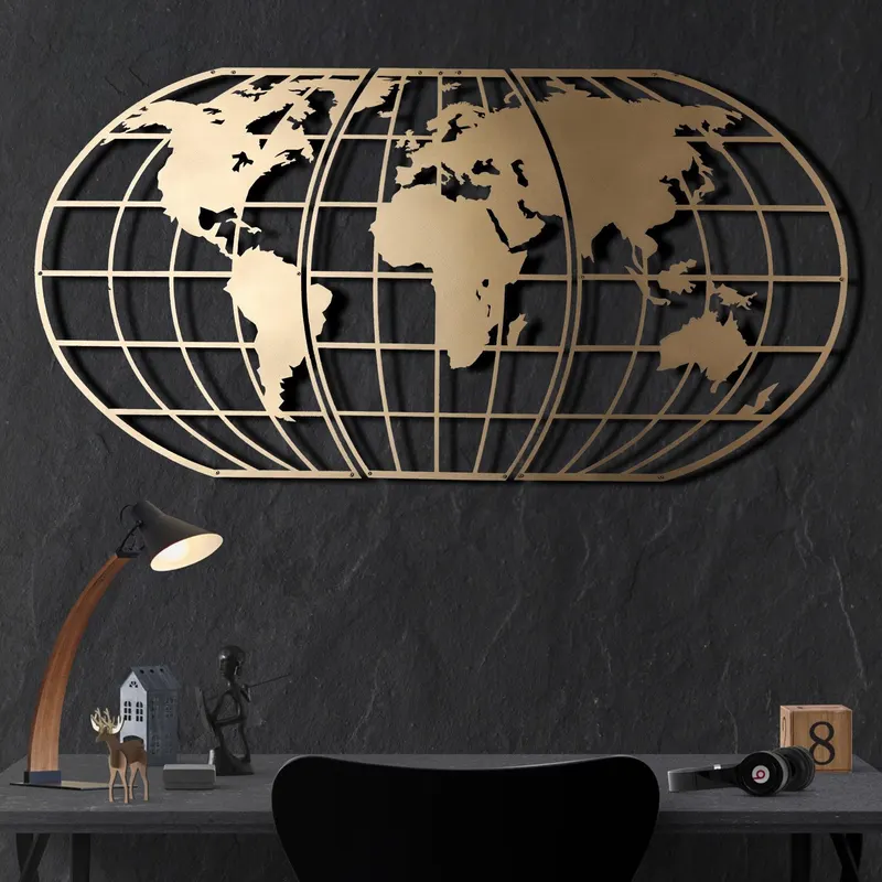 Decoratiune de perete Metal World Map Globe - Gold, Aur, 120x60 cm - Auriu