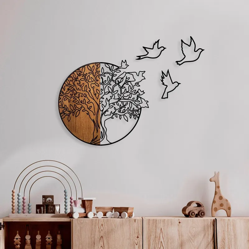 Decoratiune de perete lemn Tree And Birds 2, Nuc, 56x60 cm - Maro