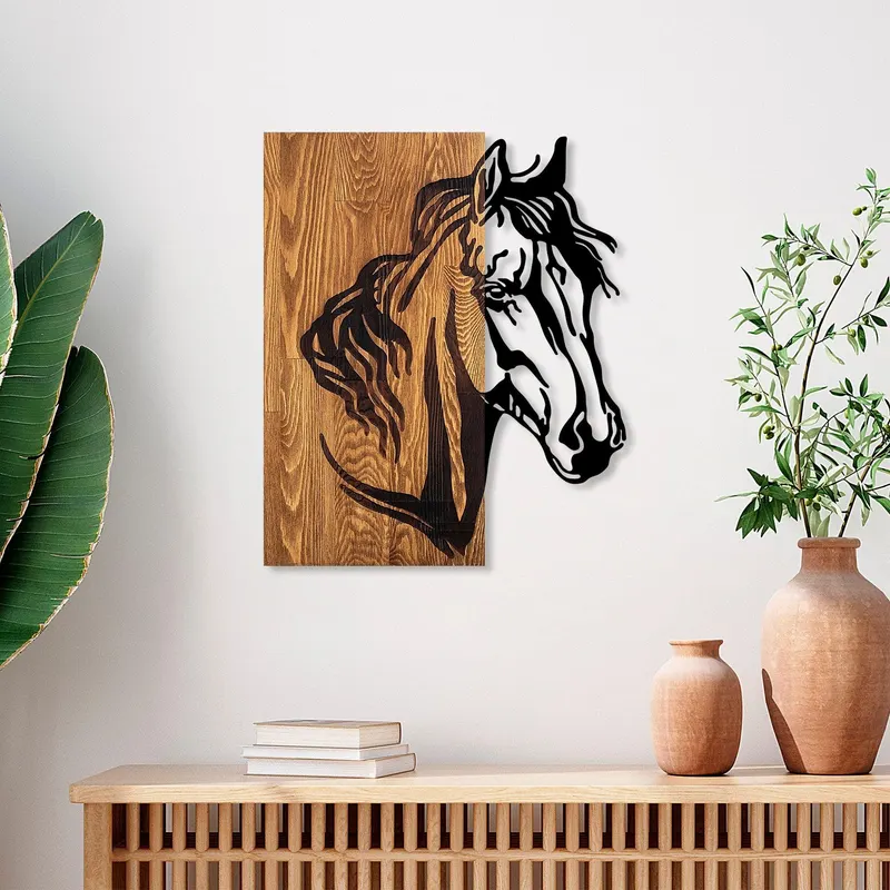 Decoratiune de perete lemn Horse 1, Nuc, 57x48 cm - Nuc
