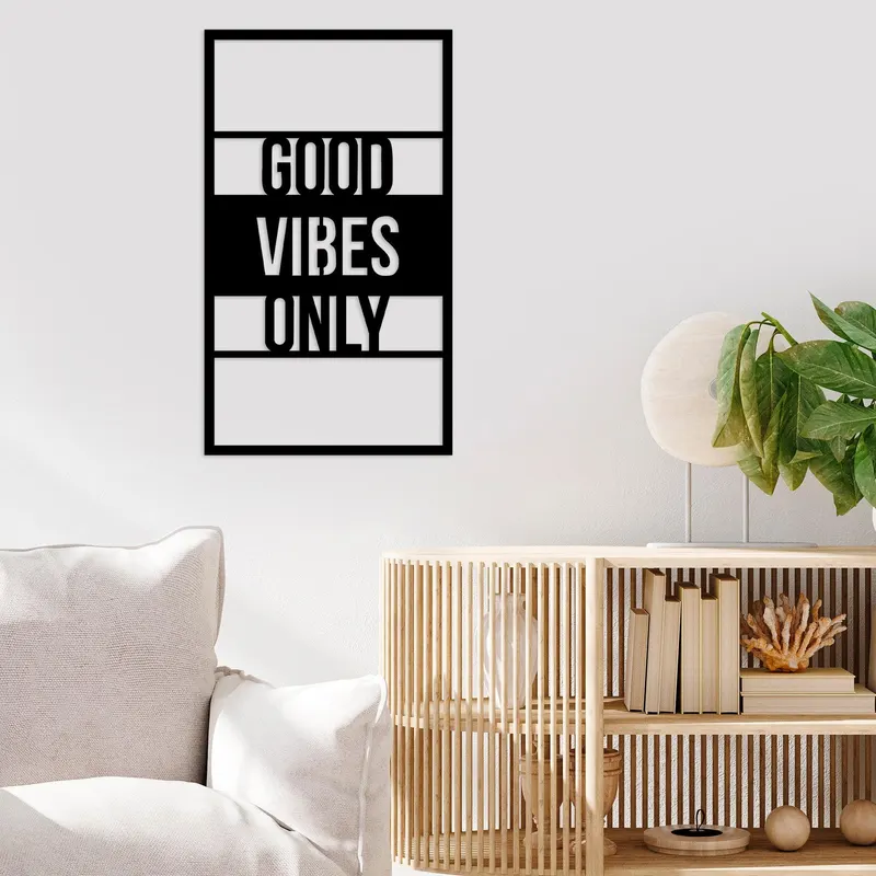 Decoratiune de perete Metal Good Vibes Only, Negru, 68x40 cm - Negru