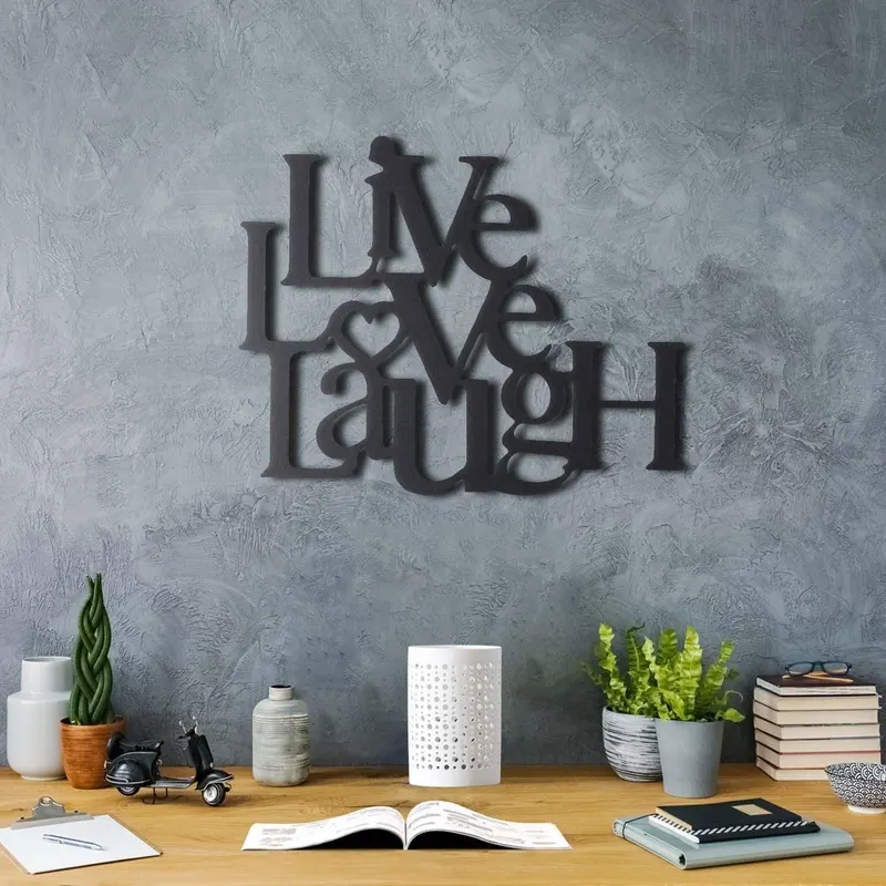 Decoratiune de perete Metal Live Love Laugh, Negru, 49x40 cm - Negru