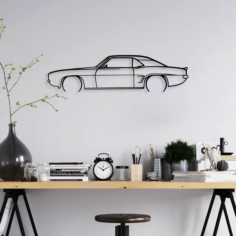 Decoratiune de perete Metal Chevrolet Camaro V2 Silhouette, Negru, 18x70 cm - Negru