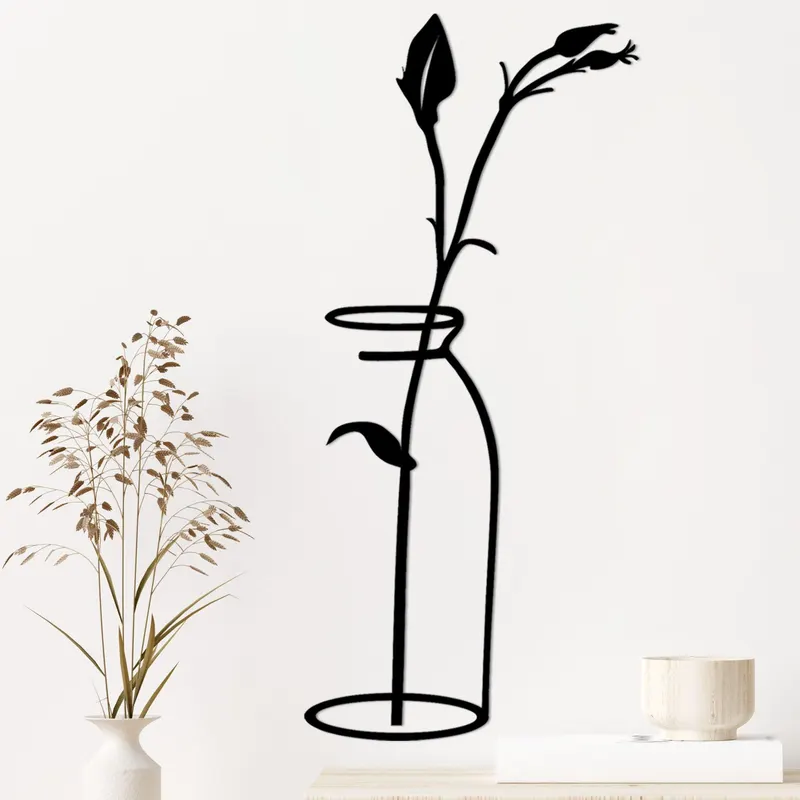 Decoratiune de perete Metal Flower In The Vase, Negru, 71x33 cm - Negru