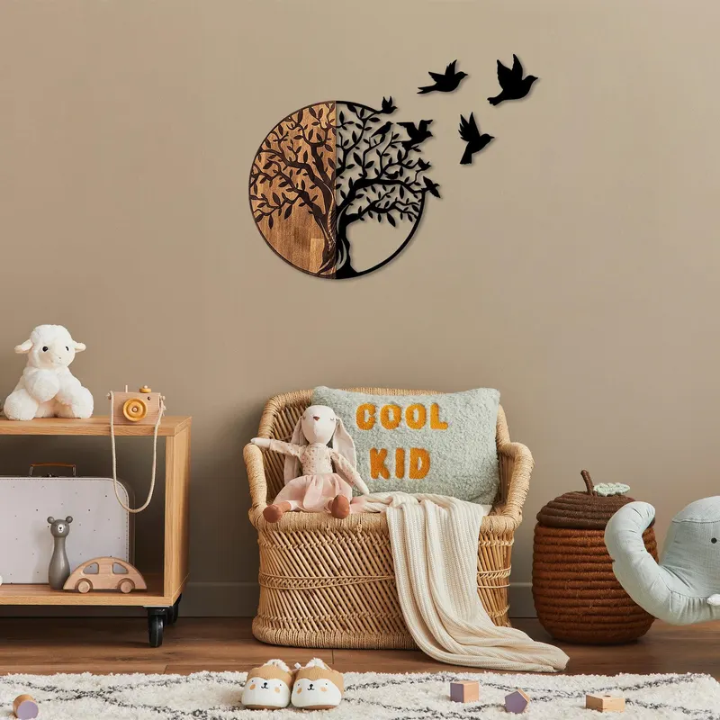 Decoratiune de perete lemn Tree And Birds - 322, Negru, 71x92 cm - Negru