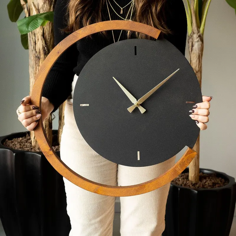 Ceas de perete Decorativ Moon Time Wooden Metal, Negru, 48x48 cm - Negru